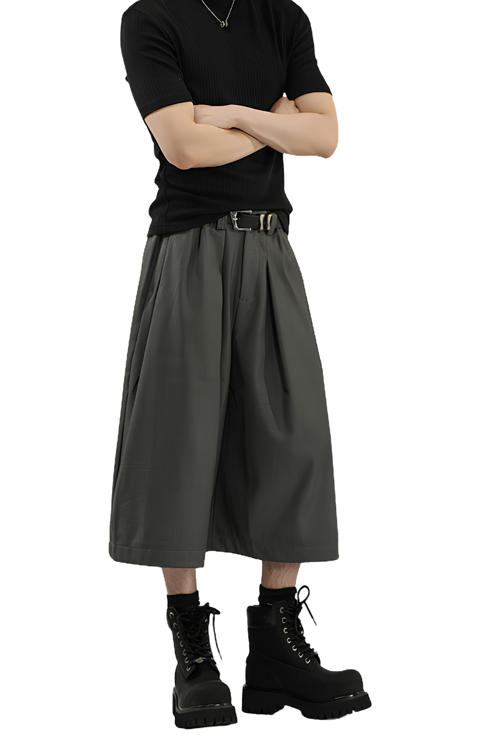 Wide-leg gray cropped pants in suiting fabric with mid-rise waist and straight leg design