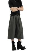 Wide-leg gray cropped pants in suiting fabric with mid-rise waist and straight leg design