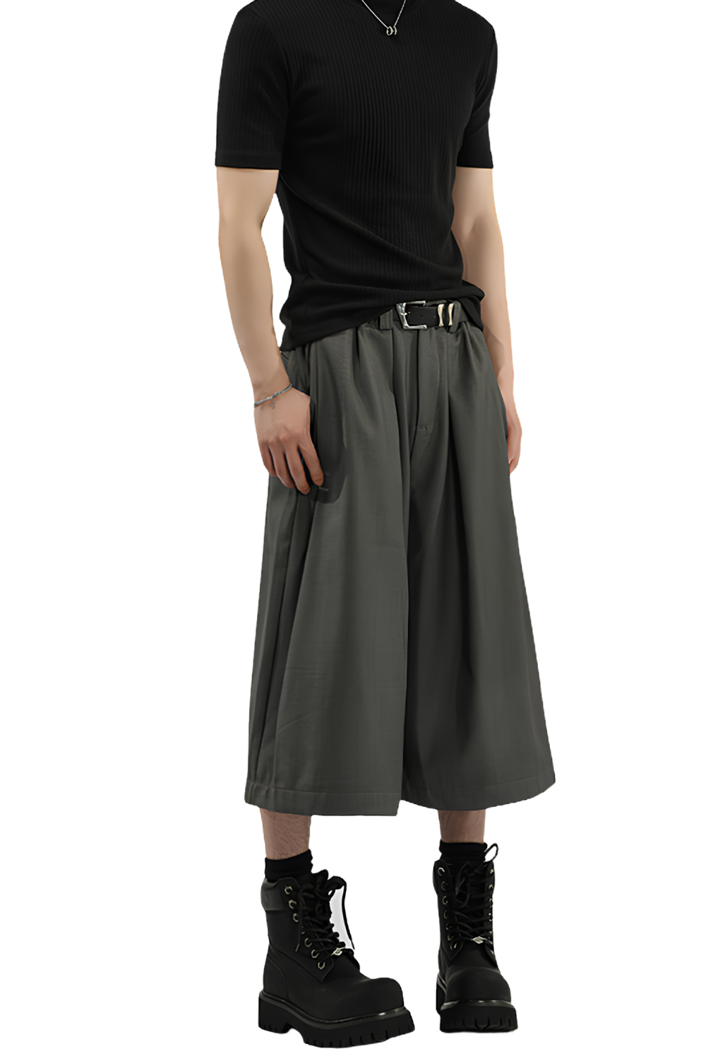 Wide-leg gray cropped pants with mid-rise waist and zipper fly in suiting fabric