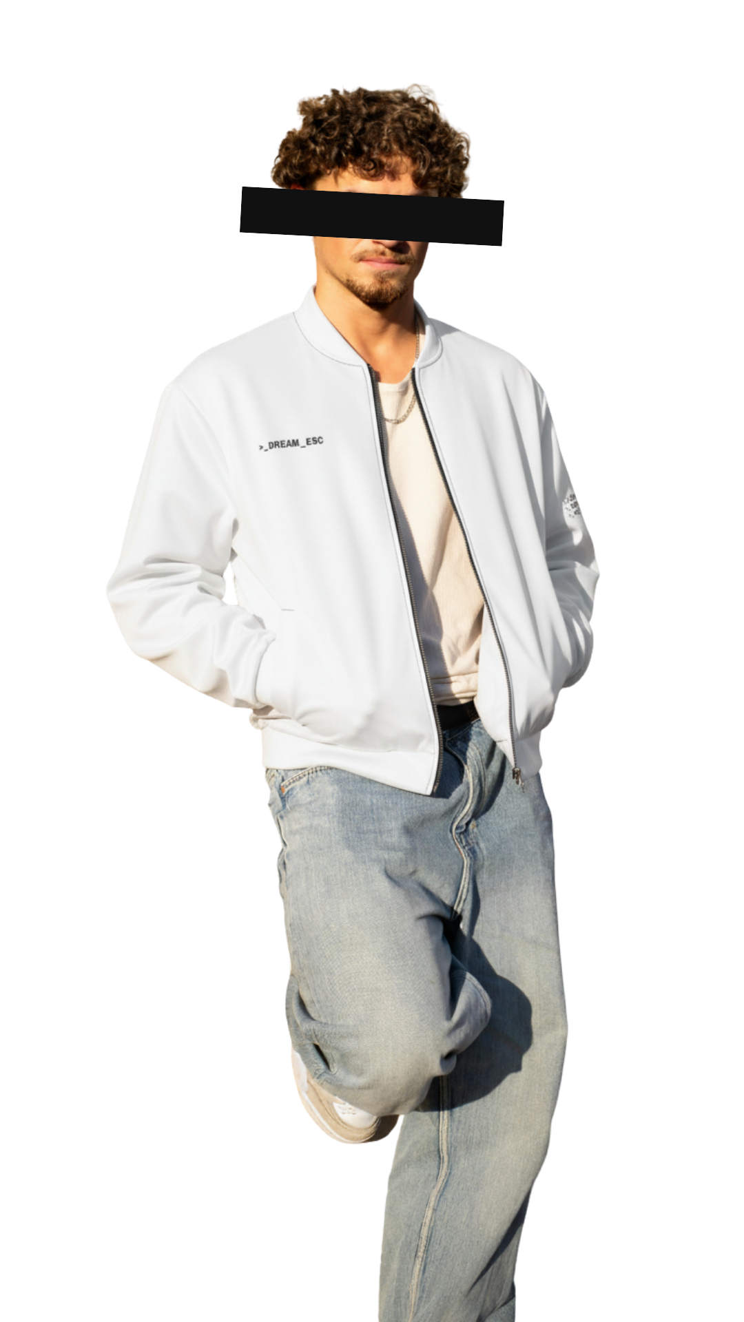 A model wearing CMD: DREAM_ESC christian streetwear clothing, featuring the Alabaster bomber jacket styled with baggy denim